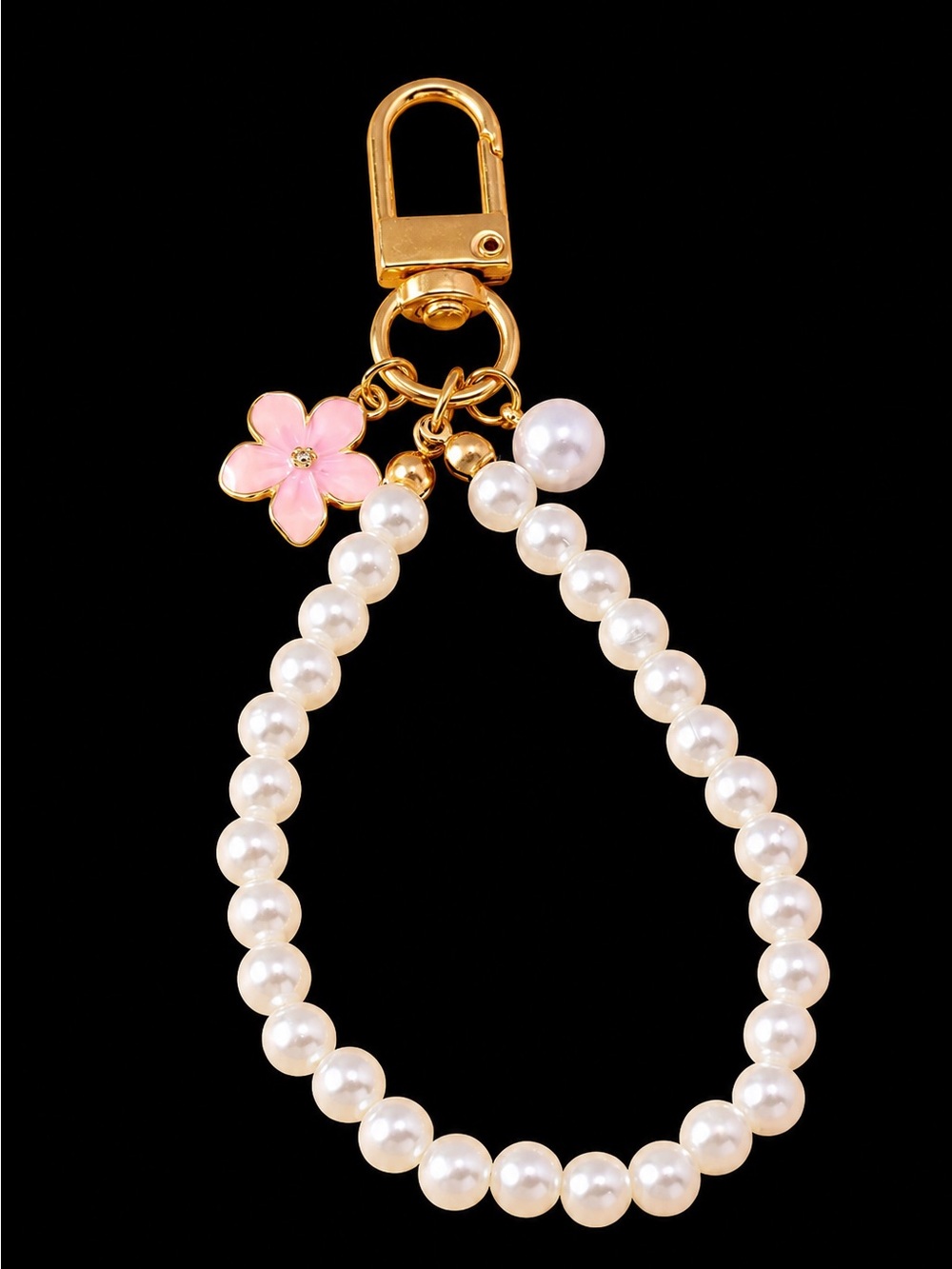 Pearl Beaded Gold Wristlet Strap Keychain Pink Flower Charm